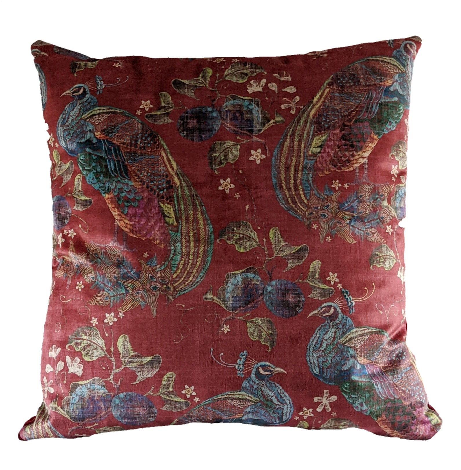 Peacocks in red velvet cushion