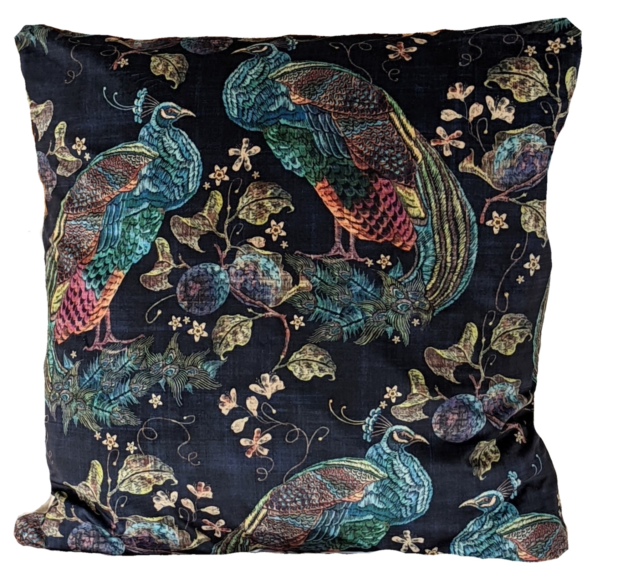 Navy blue velvet peacock cushion