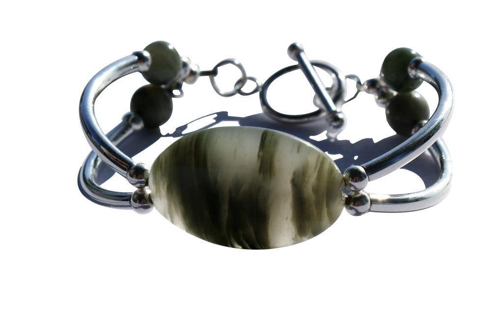 Rutilated Green Quartz  & Sterling Silver double bar Designer Bracelet.