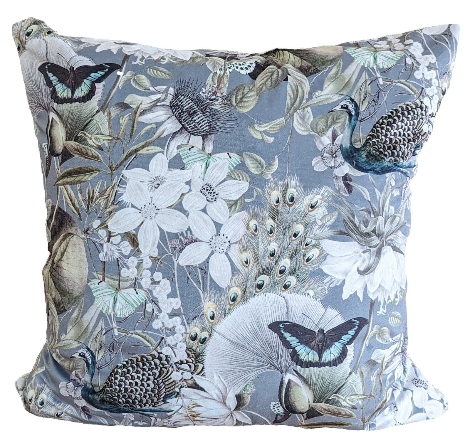 Blue grey duck egg velvet peacock and blue butterfly cushion