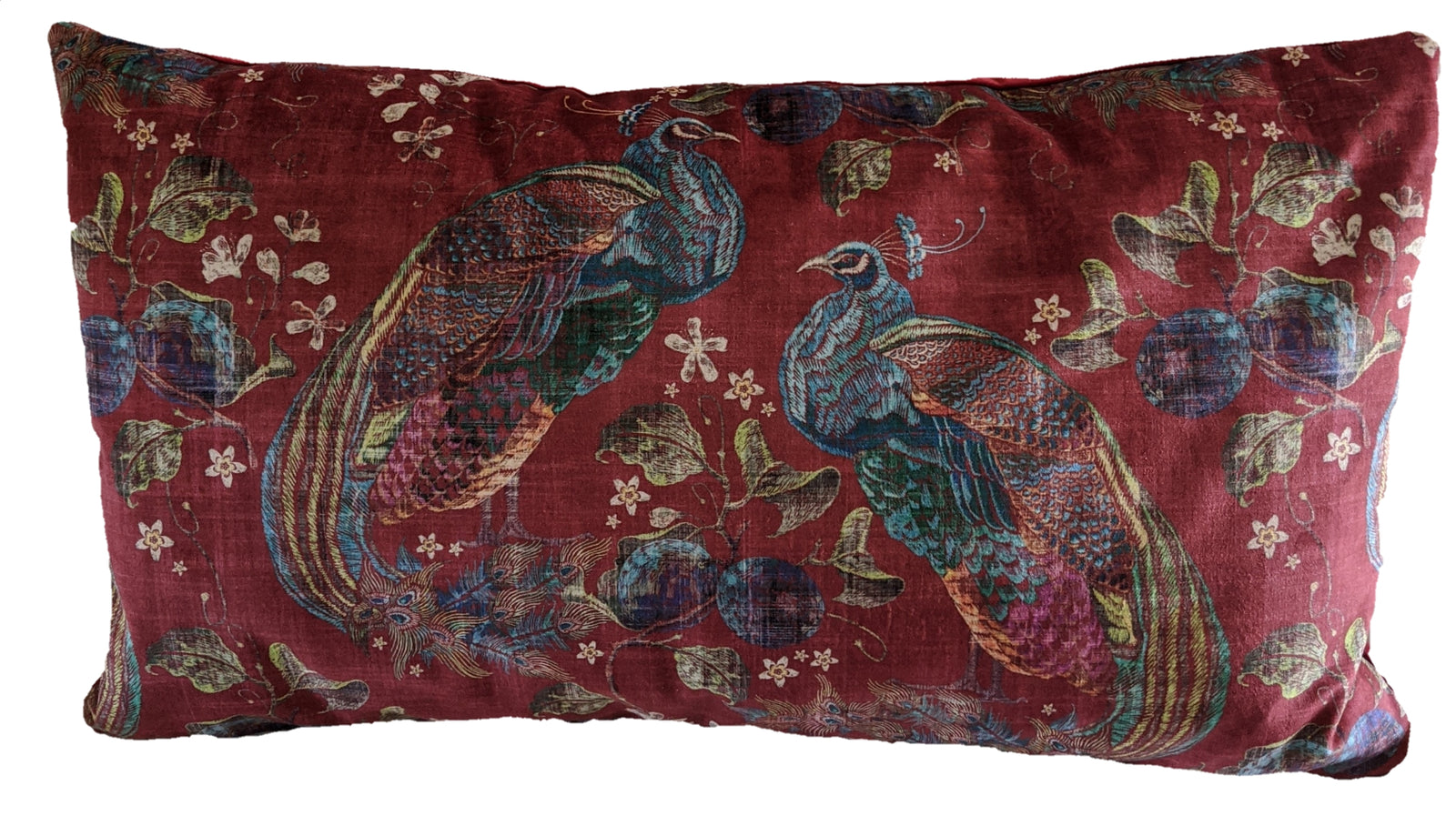 Peacocks in red velvet cushion