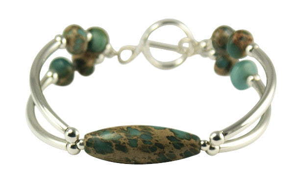 Blue Impression Jasper & Sterling Silver double bar Designer Bracelet.