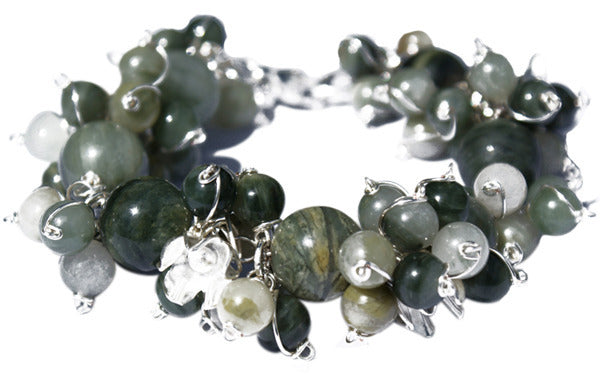 Green Striped Quartz  &Solid Silver Orchid Flower Designer Bracelet.