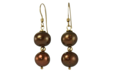 Chocolate Bronze Freshwater Pearl with Solid 9ct Gold Bead Hook Earrings