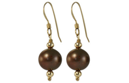 Single Chocolate Bronze Freshwater Pearl with Solid 9ct Gold Bead Hook Earrings